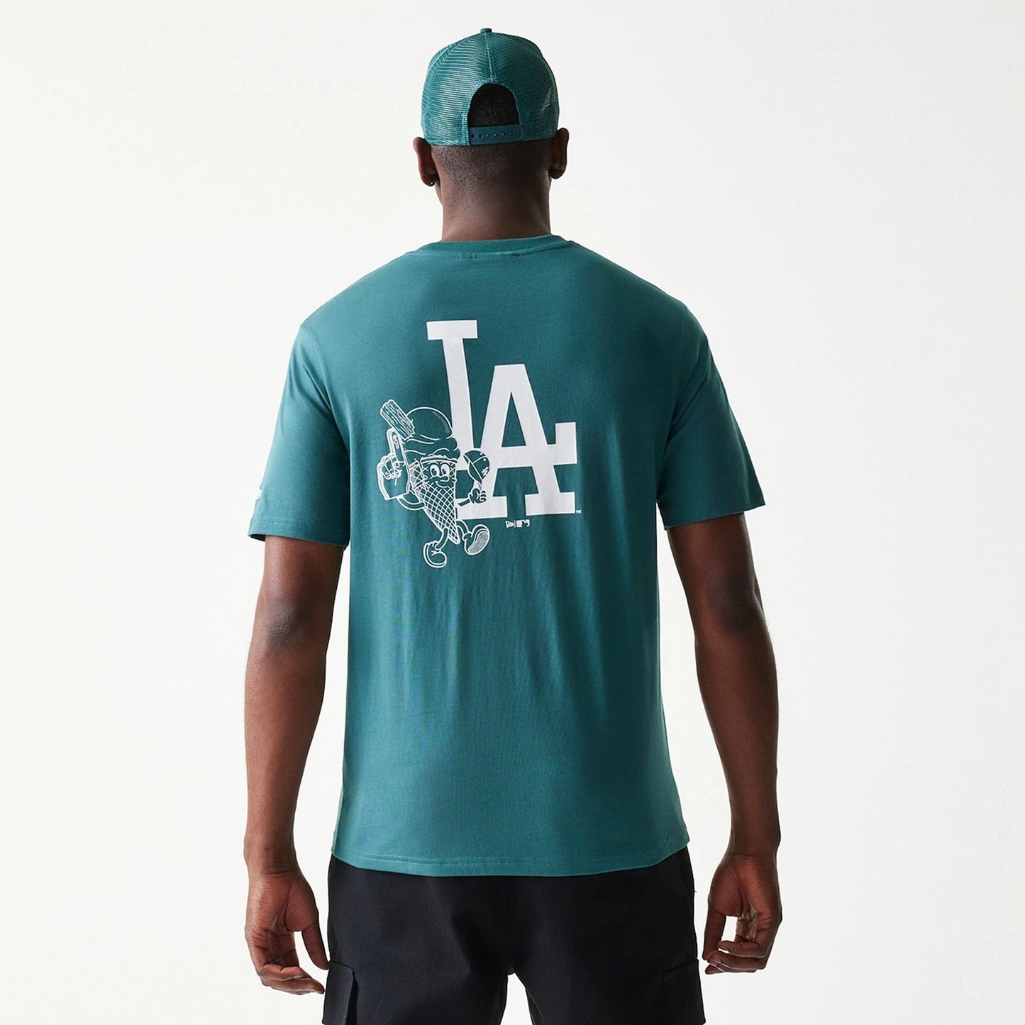 The model is wearing this MLB Food Graphic LA Dodgers T-Shirt in dark green. 2