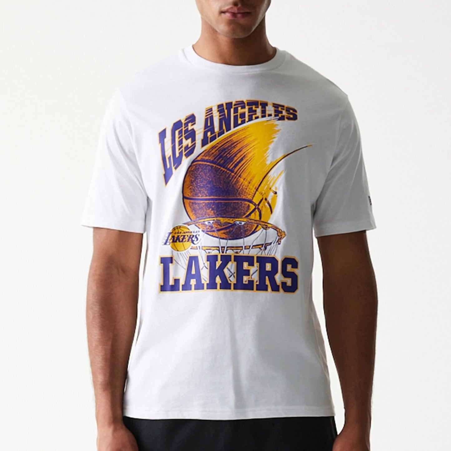 The model is wearing this NBA Ball Graphic LA Lakers T-Shirt in white. 5