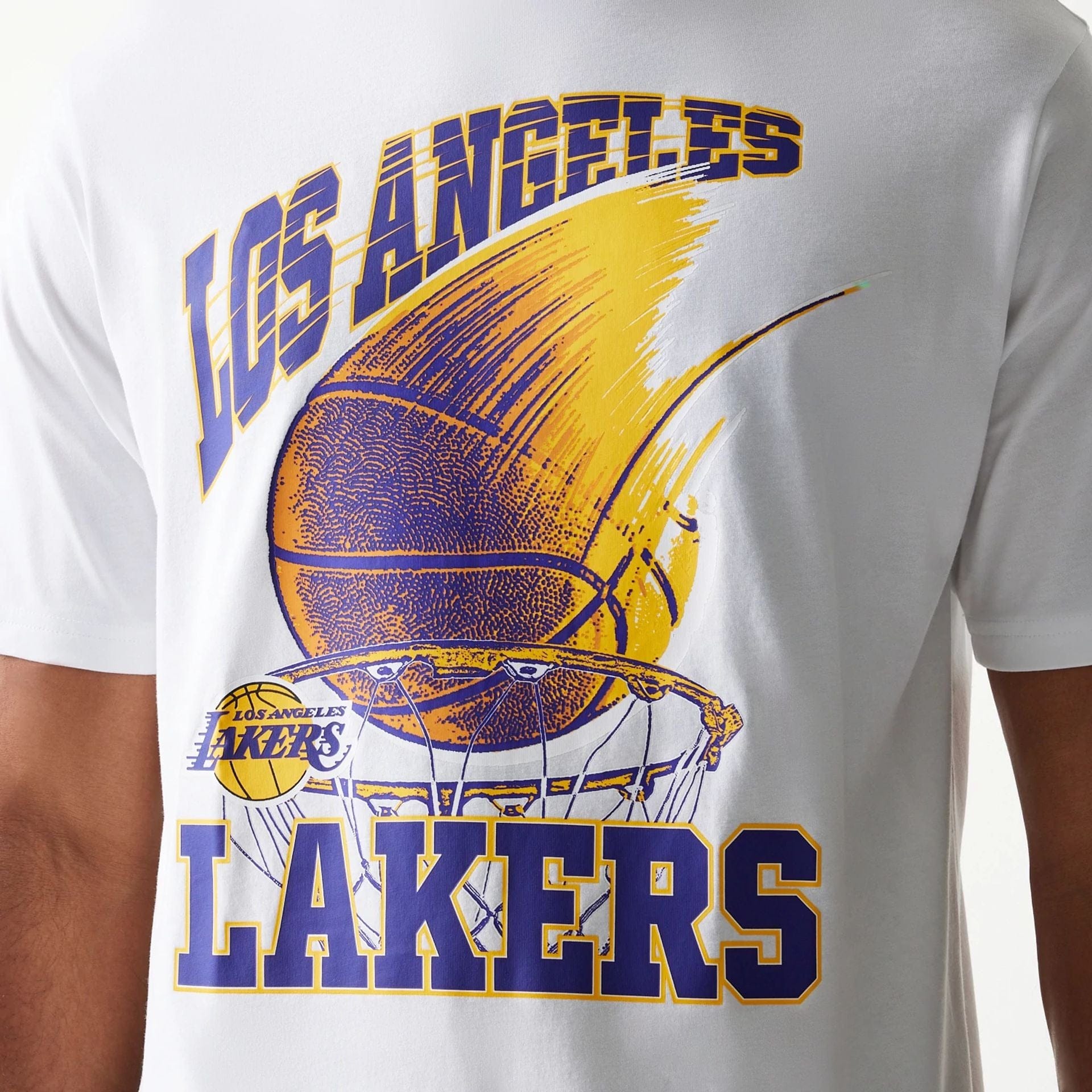 The model is wearing this NBA Ball Graphic LA Lakers T-Shirt in white. 8