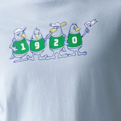 The model is wearing this New Era Baseball Birds Character Graphic Oversized T-Shirt in pastel blue. 6