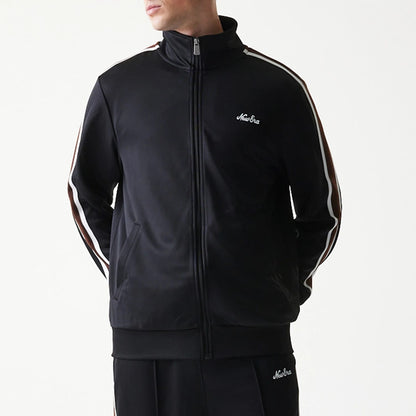 The model is wearing this New Era Script Track Jacket in black. 8