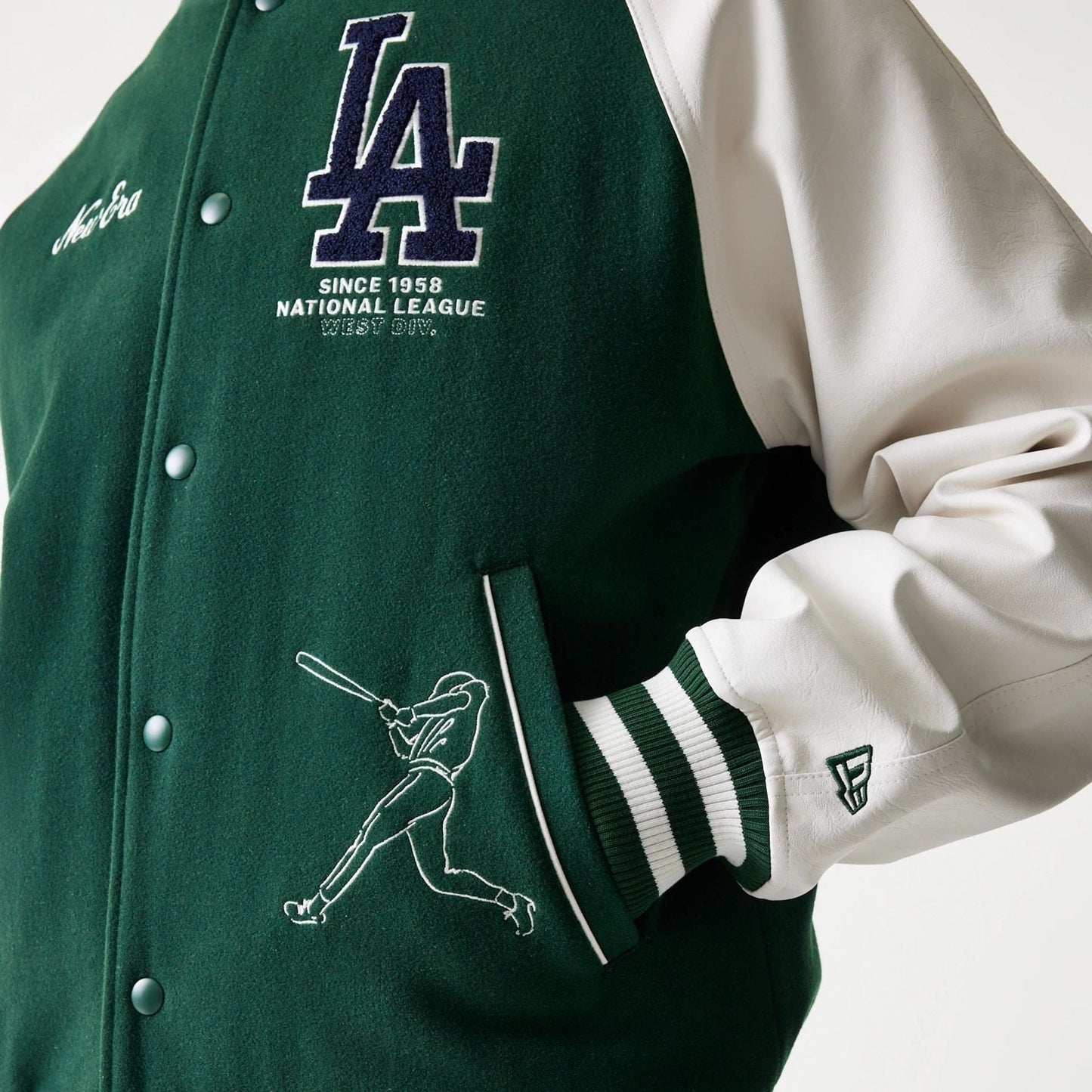 The model is wearing this MLB LA Dodgers Varsity Jacket in dark green. 5
