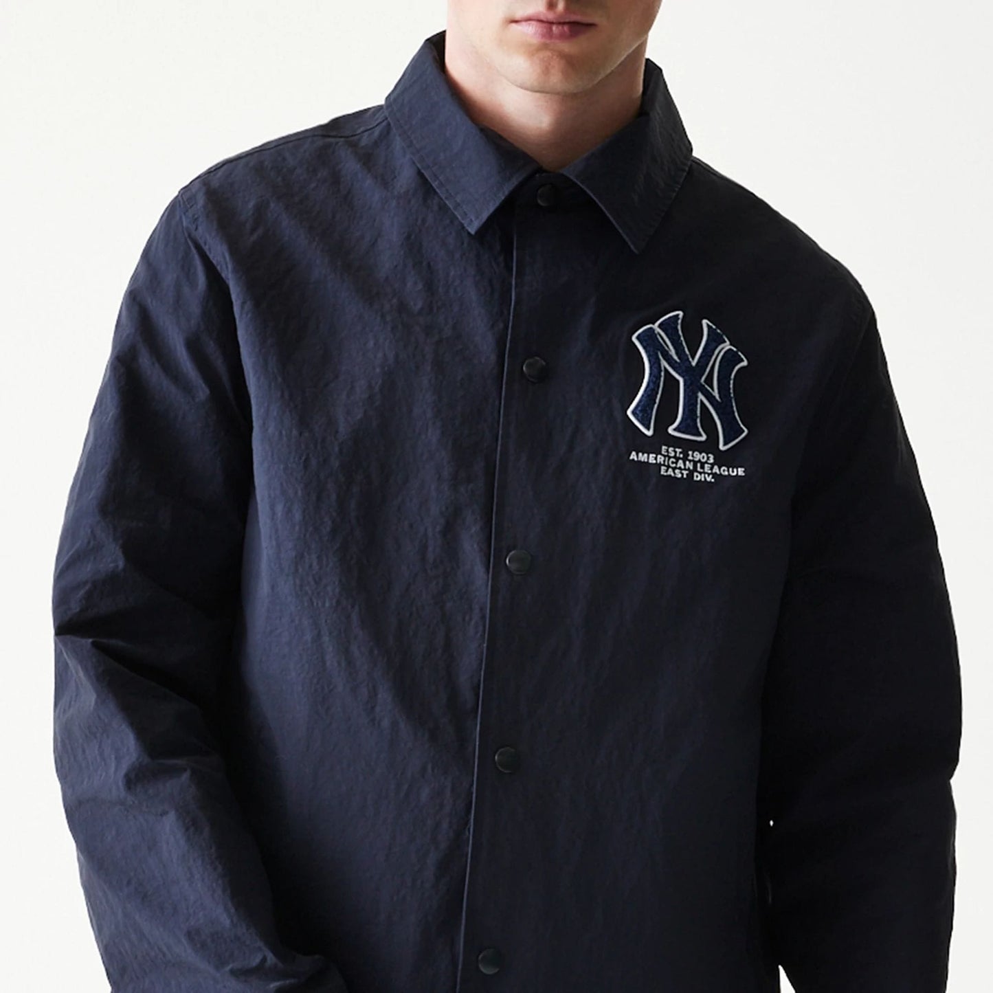 The model is wearing this MLB Coaches New York Yankees Jacket in navy. 3