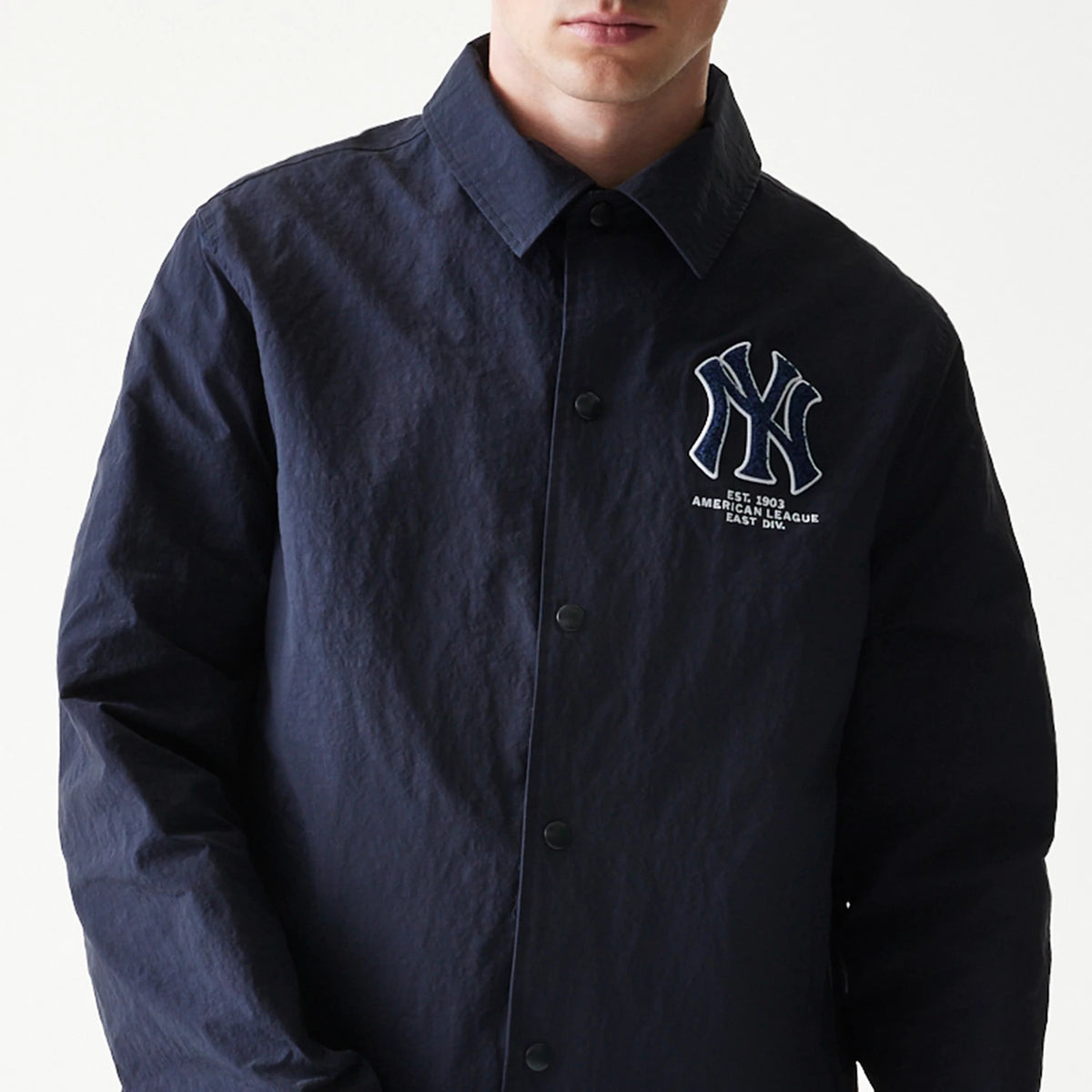 The model is wearing this MLB Coaches New York Yankees Jacket in navy. 3