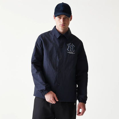The model is wearing this MLB Coaches New York Yankees Jacket in navy. 1