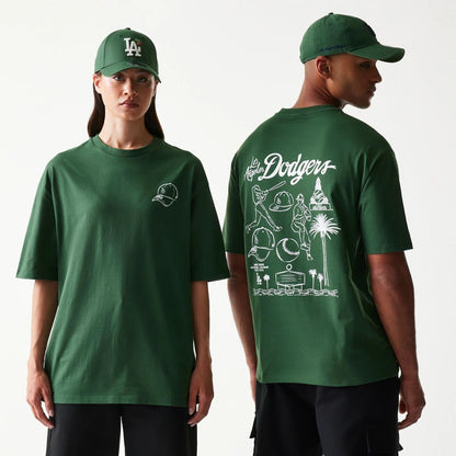 The model is wearing this MLB Baseball Graphic LA Dodgers Oversized T-Shirt in dark green. 1