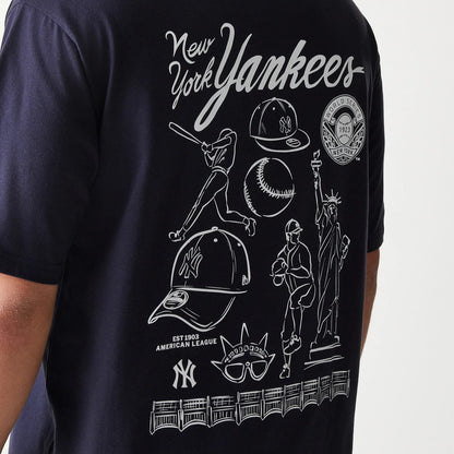 The model is wearing this MLB Baseball Graphic New York Yankees Oversized T-Shirt in navy. 4