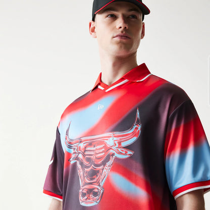 The model is wearing this NBA All Over Print Chicago Bulls T-Shirt in red. 4
