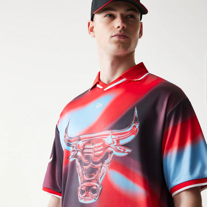 The model is wearing this NBA All Over Print Chicago Bulls T-Shirt in red. 4
