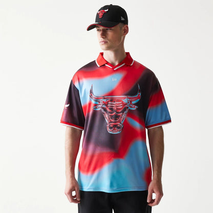 The model is wearing this NBA All Over Print Chicago Bulls T-Shirt in red. 1