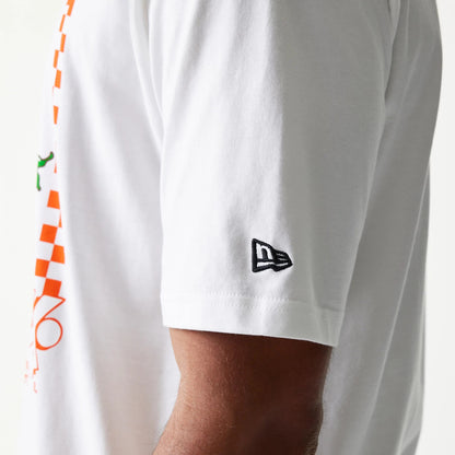 New Era Burger Food Graphic White Oversized T-Shirt, side view showing the short sleeve with a black embroidered New Era flag logo near the cuff and colourful vertical stripes along the side seam.