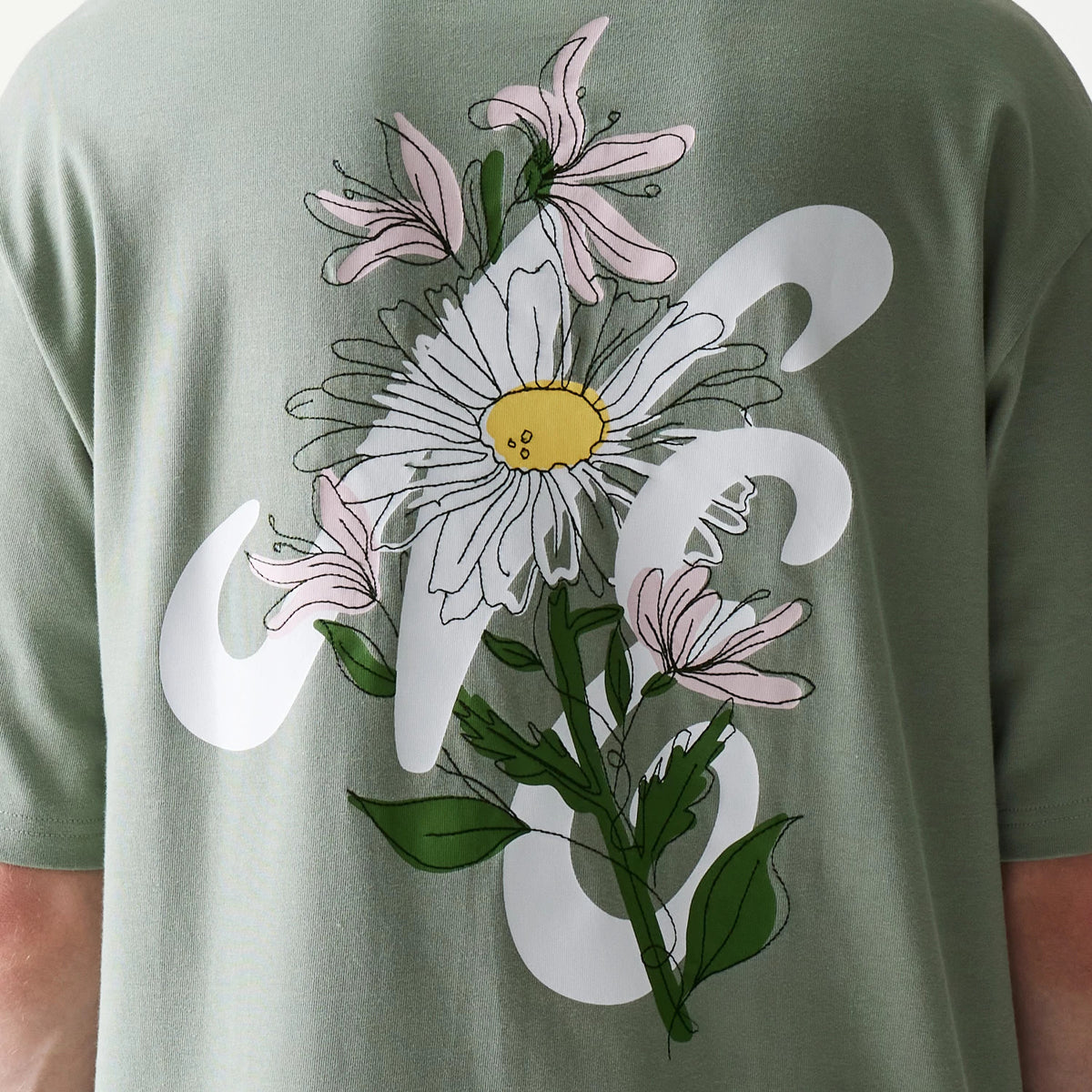 New Era Floral Graphic Pastel Green Oversized T-Shirt, back view showing an intricate design with a large white and yellow daisy surrounded by pink flowers and green leaves, printed across the upper back.