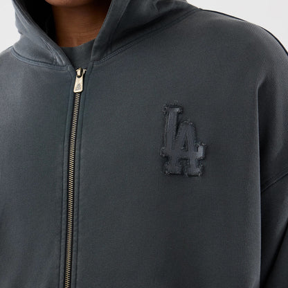 New Era LA Dodgers MLB Washed Dark Grey Full Zip Hoodie, front view showing a dark grey hoodie worn by a model with a full-length zip, featuring an embroidered LA logo on the left chest.