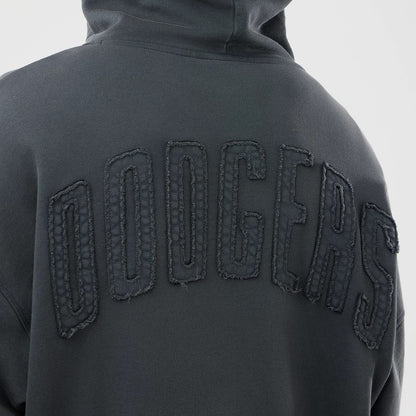 New Era LA Dodgers MLB Washed Dark Grey Full Zip Hoodie, back view showing the word DODGERS in large raised lettering across the shoulders on a dark grey fabric, with a hood at the top.