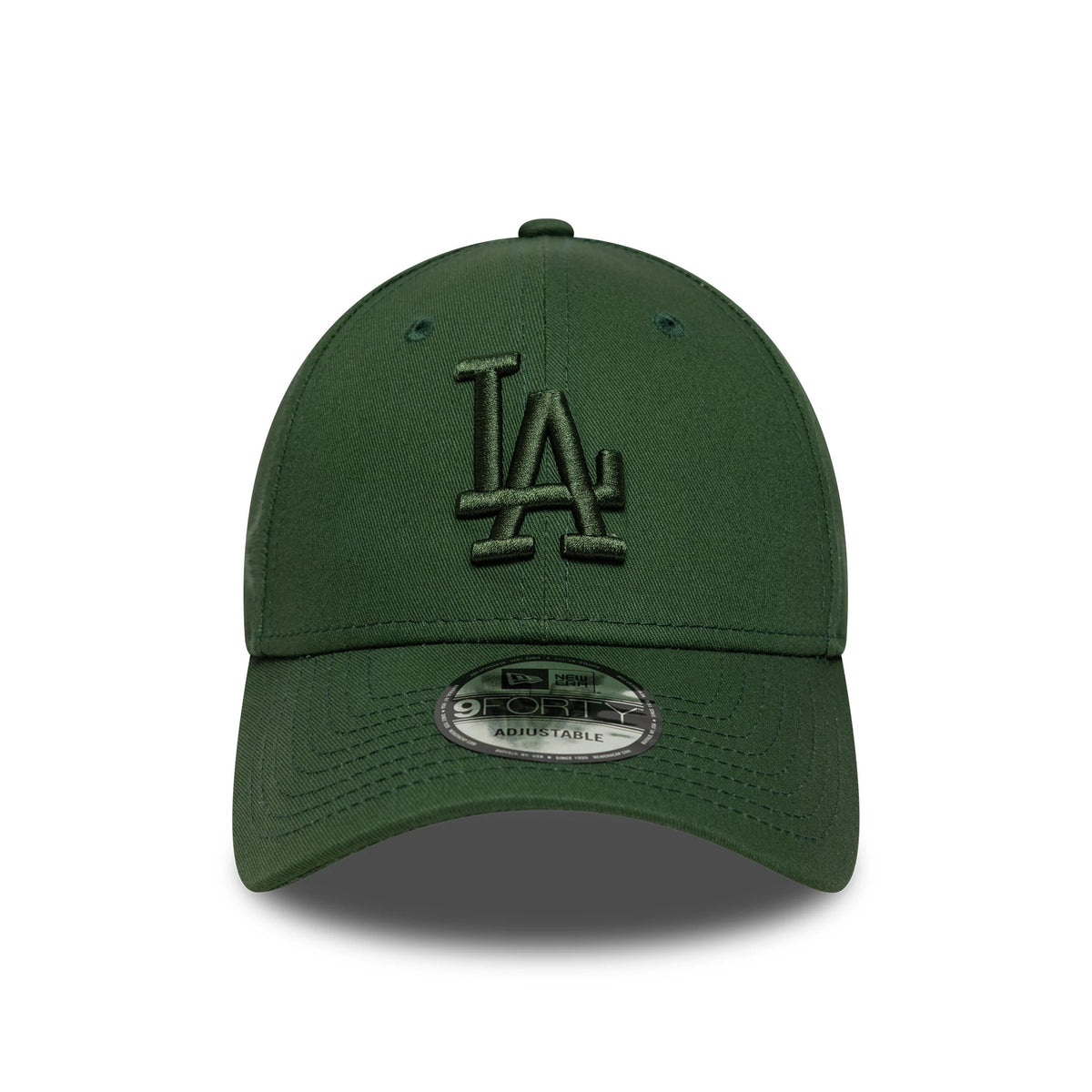 LA Dodgers MLB League Essential Dark Green New Era 9FORTY Cap, front view showing raised dark green LA logo embroidery on the front panel, with a matching visor and a 9FORTY size sticker on the visor.