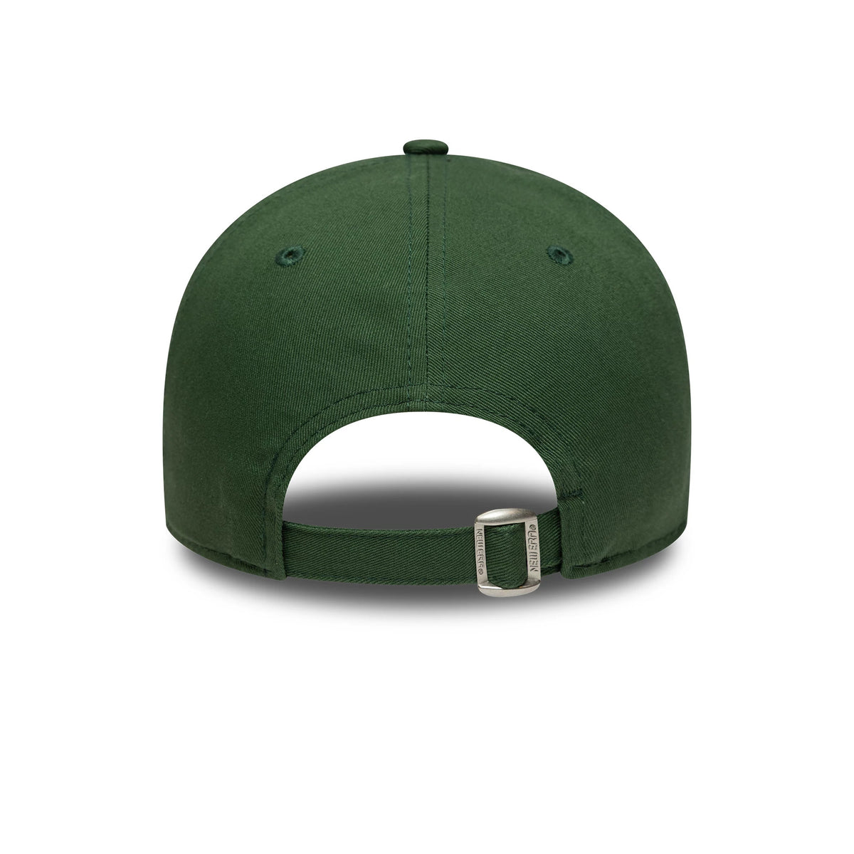 LA Dodgers MLB League Essential Dark Green New Era 9FORTY Cap, rear view showing the curved green visor, the New Era flag logo on the adjustable strap, and a clean back panel with matching eyelets and top button.