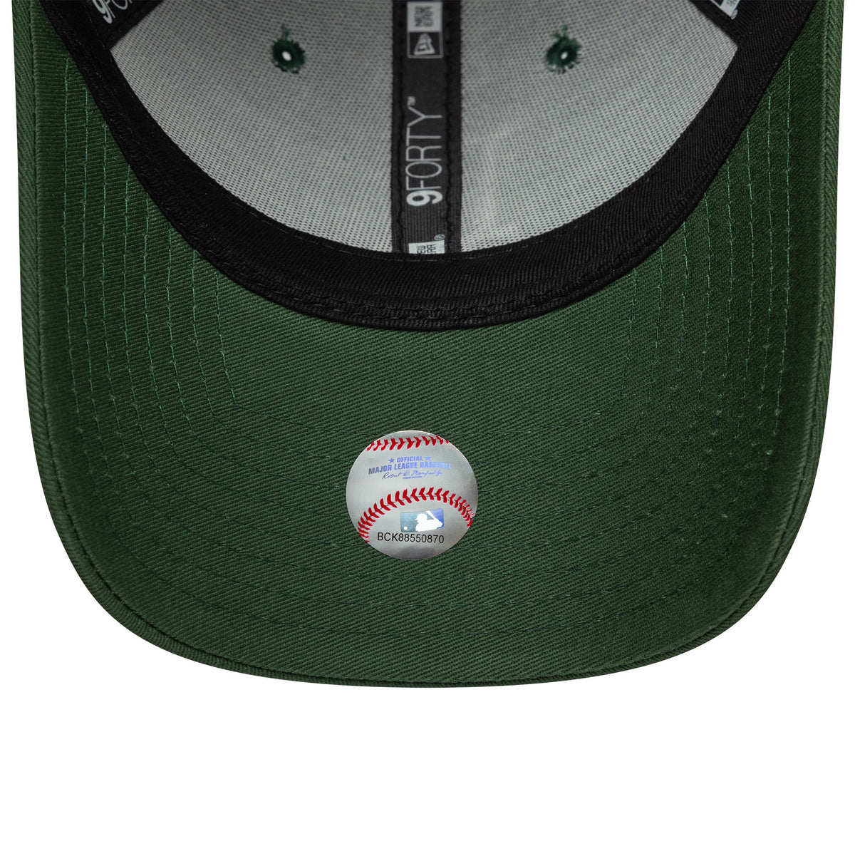 LA Dodgers MLB League Essential Dark Green New Era 9FORTY Cap, inside view showing grey sweatband and green taping with black 9FORTY label, dark green eyelets on the crown and official MLB hologram sticker on the dark green undervisor.