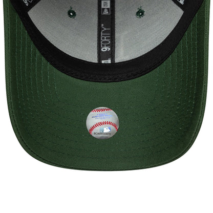LA Dodgers MLB League Essential Dark Green New Era 9FORTY Cap, inside view showing grey sweatband and green taping with black 9FORTY label, dark green eyelets on the crown and official MLB hologram sticker on the dark green undervisor.
