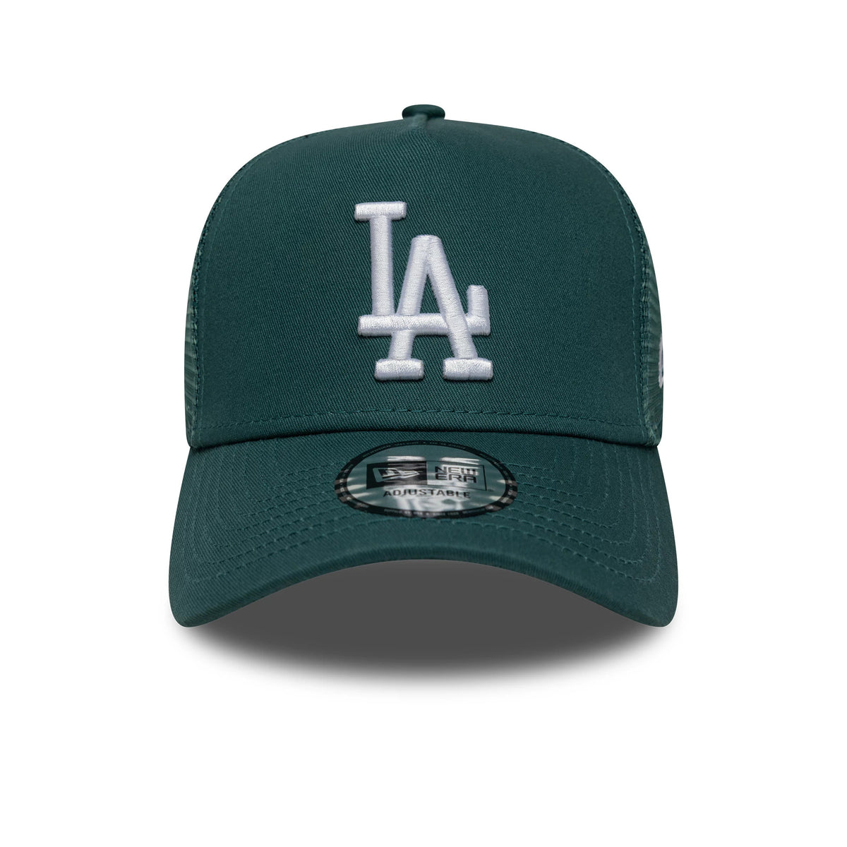 LA Dodgers MLB Dark Green New Era 9FORTY A-Frame Trucker Cap, front view showing the raised white embroidered LA logo on the structured dark green crown, with a 9FORTY size sticker on the curved visor.