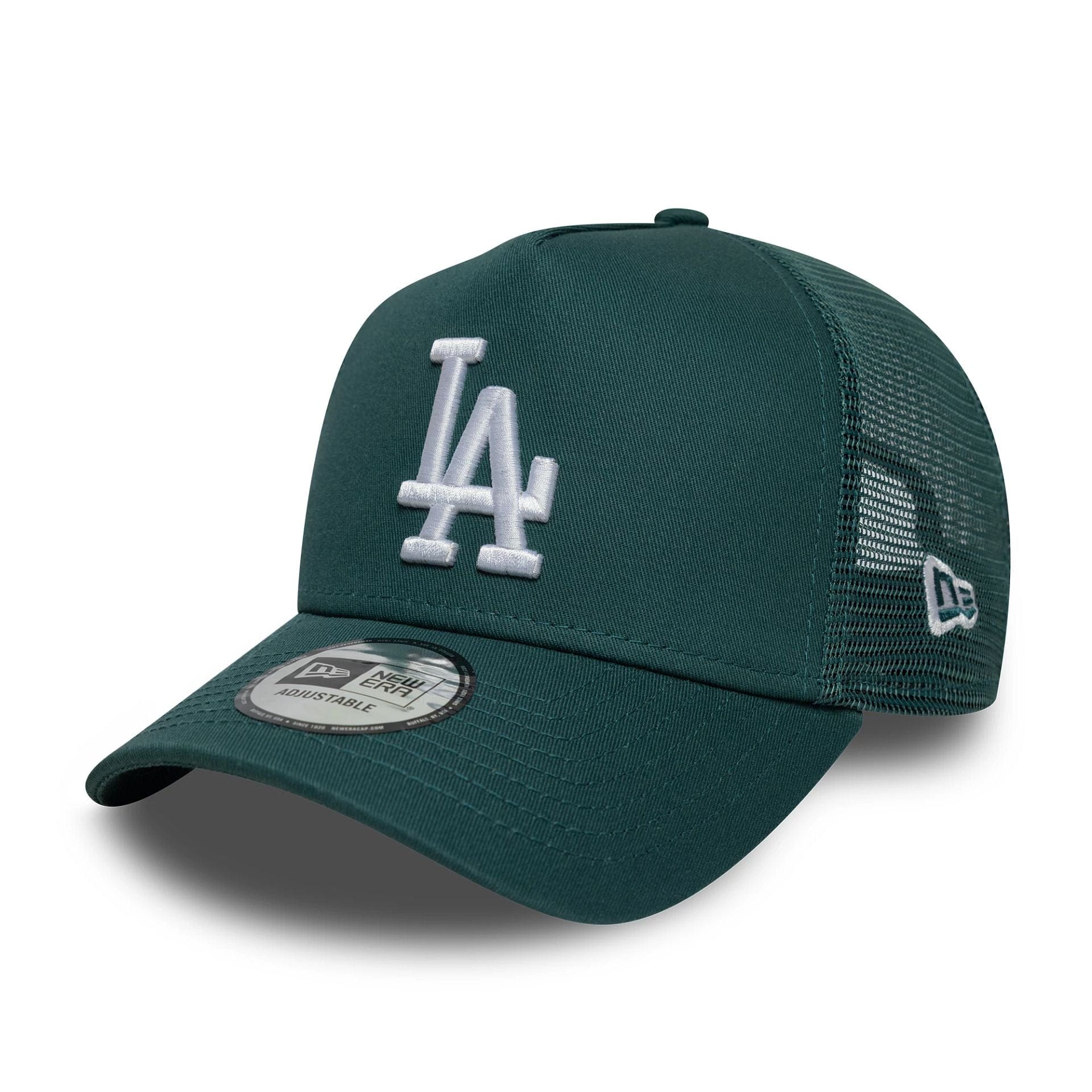 Pictured is this MLB League Essential LA Dodgers 9FORTY A-Frame Trucker in dark green. 1