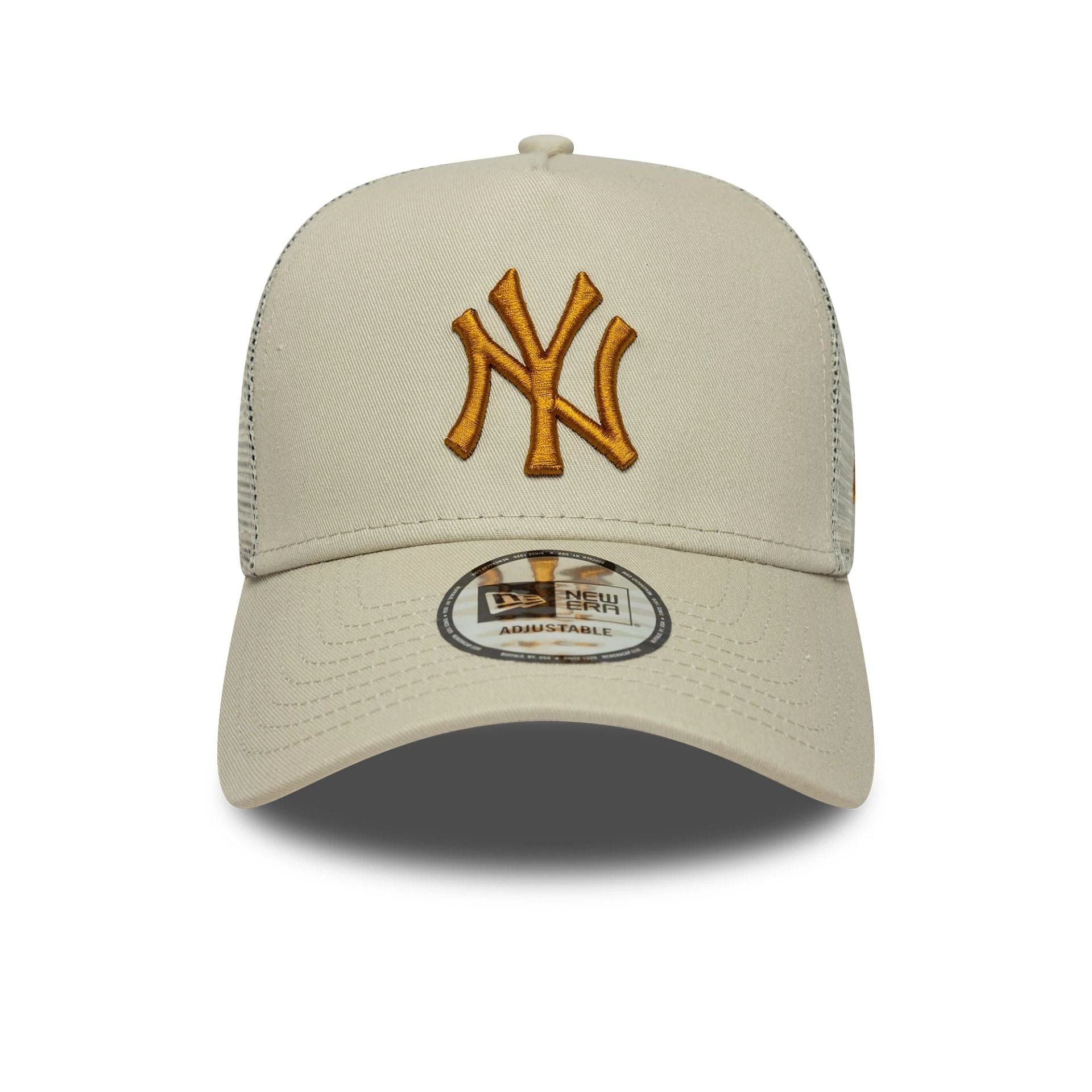 Pictured is this MLB League Essential New York Yankees 9FORTY A-Frame Trucker in light beige. 2