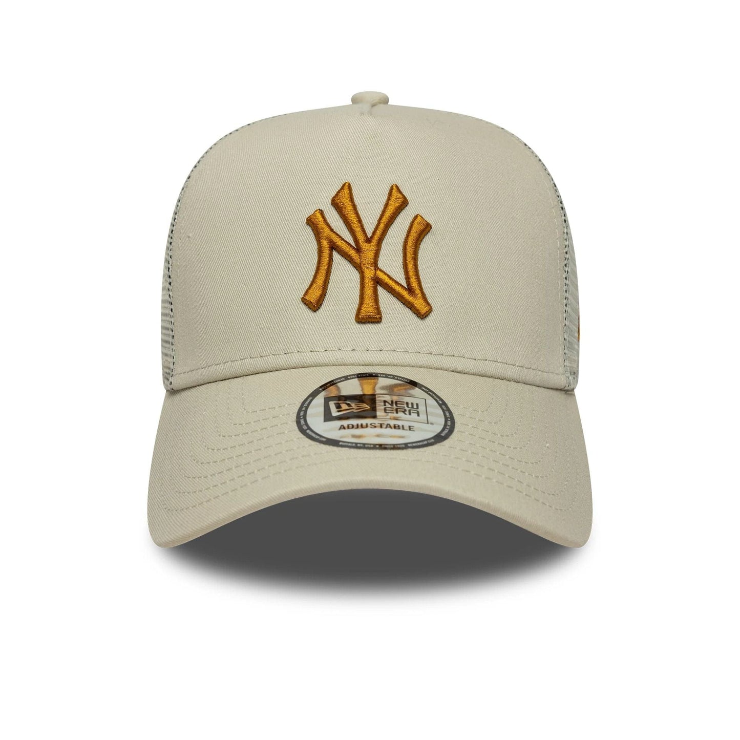 Pictured is this MLB League Essential New York Yankees 9FORTY A-Frame Trucker in light beige. 2