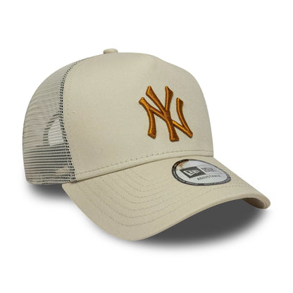 Pictured is this MLB League Essential New York Yankees 9FORTY A-Frame Trucker in light beige. 3