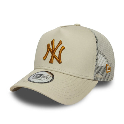 Pictured is this MLB League Essential New York Yankees 9FORTY A-Frame Trucker in light beige. 1