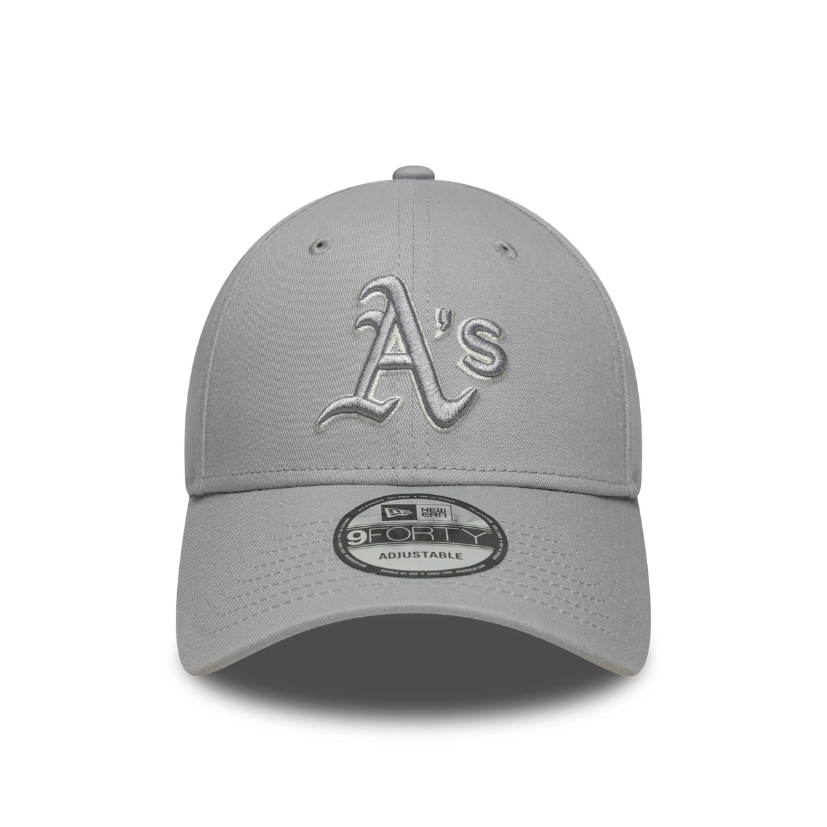 Athletics MLB Team Outline Grey New Era 9FORTY Cap, front view showing the raised grey embroidered A's logo on the structured crown with a curved visor and the 9FORTY size sticker on the visor.