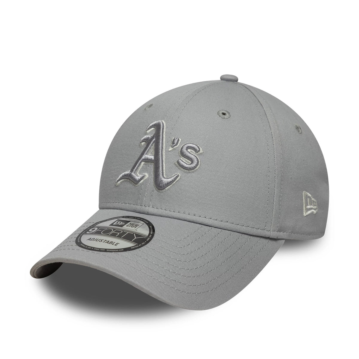 Athletics MLB Team Outline Grey New Era 9FORTY Cap, three-quarter view showing the raised embroidered white A's logo on the front panel, grey curved visor with a 9FORTY size sticker, and New Era flag logo on the left side.