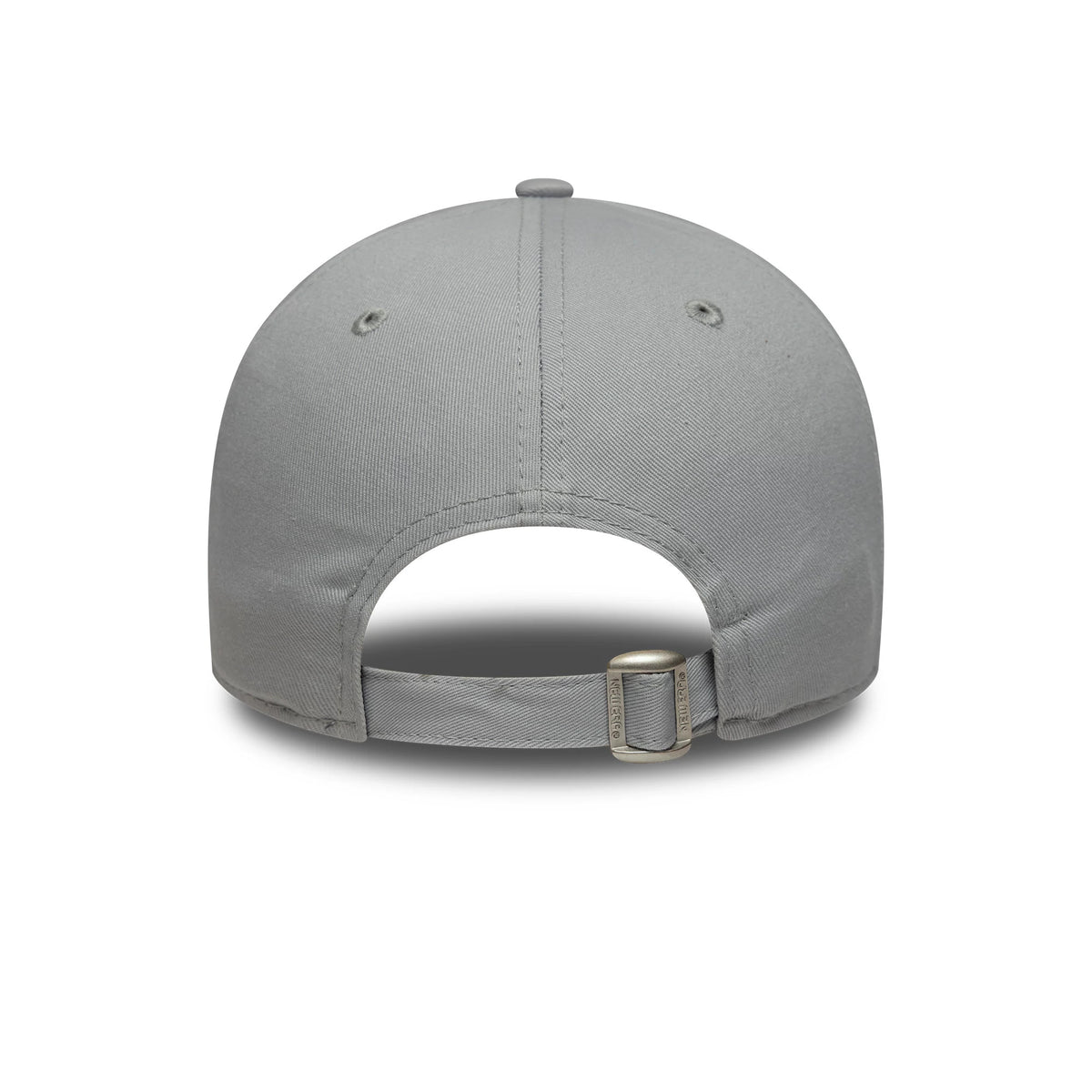 Athletics MLB Team Outline Grey New Era 9FORTY Cap, rear view showing the adjustable strap with a buckle, two grey embroidered eyelets on each back panel, and a curved visor on the light grey cap.