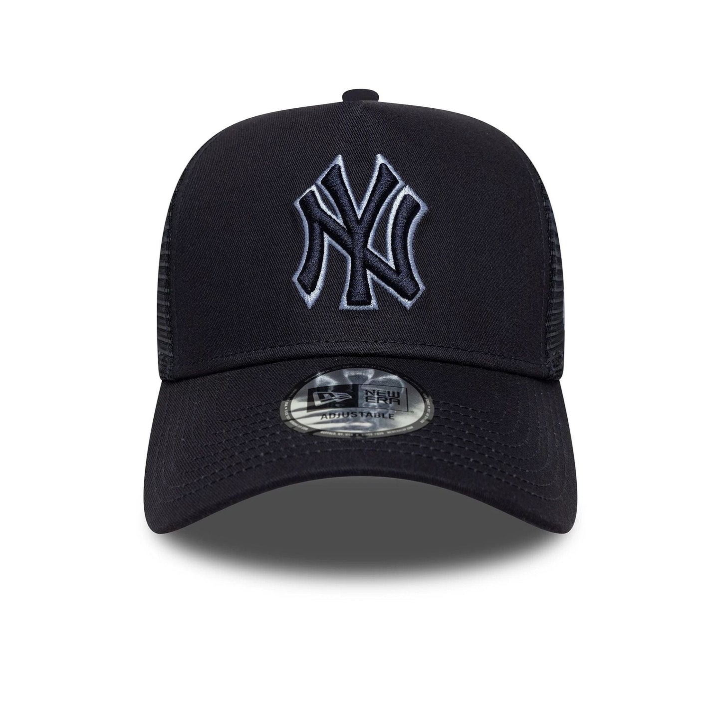 Pictured is this MLB Outline New York Yankees 9FORTY E-Frame Trucker in navy. 2