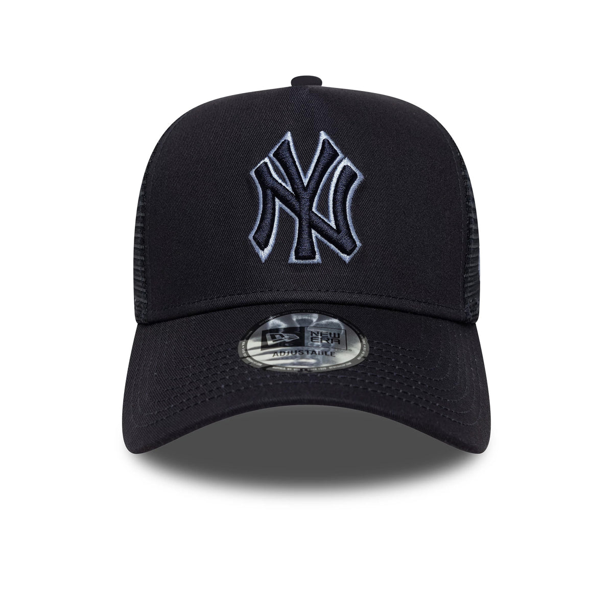 New York Yankees MLB Outline Navy New Era 9FORTY E-Frame Trucker Cap, front view showing raised white embroidered NY logo on the structured navy crown, dark mesh side panels, and a 9FORTY size sticker on the curved visor.