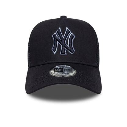 New York Yankees MLB Outline Navy New Era 9FORTY E-Frame Trucker Cap, front view showing raised white embroidered NY logo on the structured navy crown, dark mesh side panels, and a 9FORTY size sticker on the curved visor.