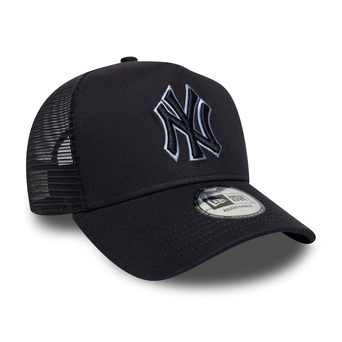 New York Yankees MLB Outline Navy New Era 9FORTY E-Frame Trucker Cap, three-quarter view showing the grey-outlined NY logo in raised embroidery on the structured front panel, with a curved visor and a 9FORTY size sticker.