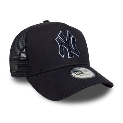 Pictured is this MLB Outline New York Yankees 9FORTY E-Frame Trucker in navy. 3