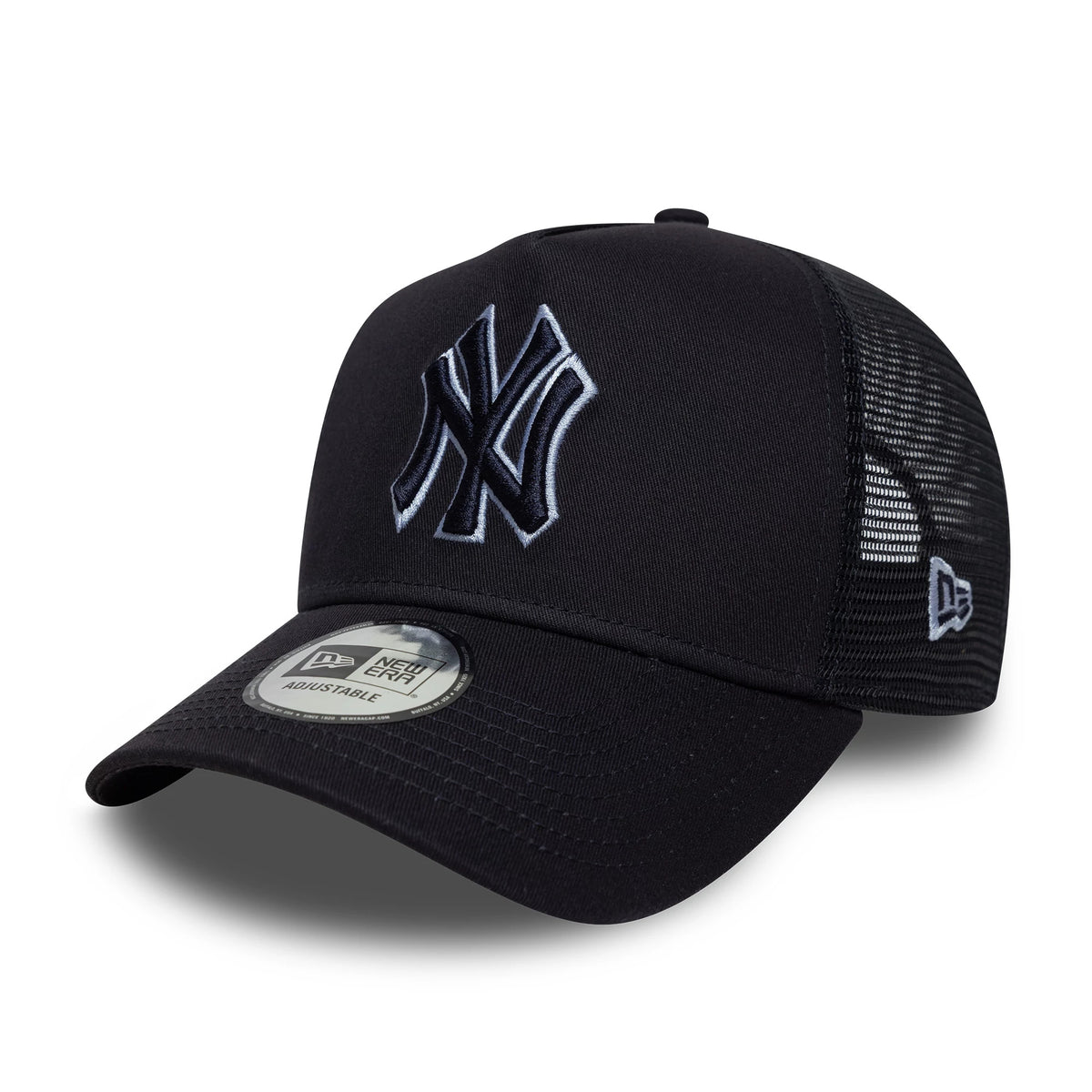 New York Yankees MLB Outline Navy New Era 9FORTY E-Frame Trucker Cap, three-quarter view showing the raised navy and white NY logo embroidered on the front panel, with a curved black visor.