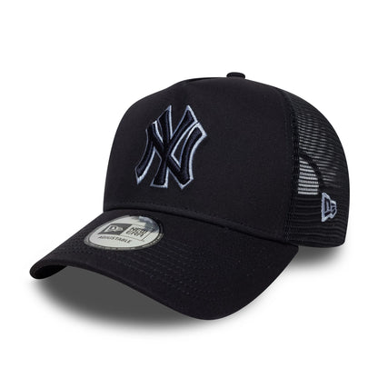 New York Yankees MLB Outline Navy New Era 9FORTY E-Frame Trucker Cap, three-quarter view showing the raised navy and white NY logo embroidered on the front panel, with a curved black visor.