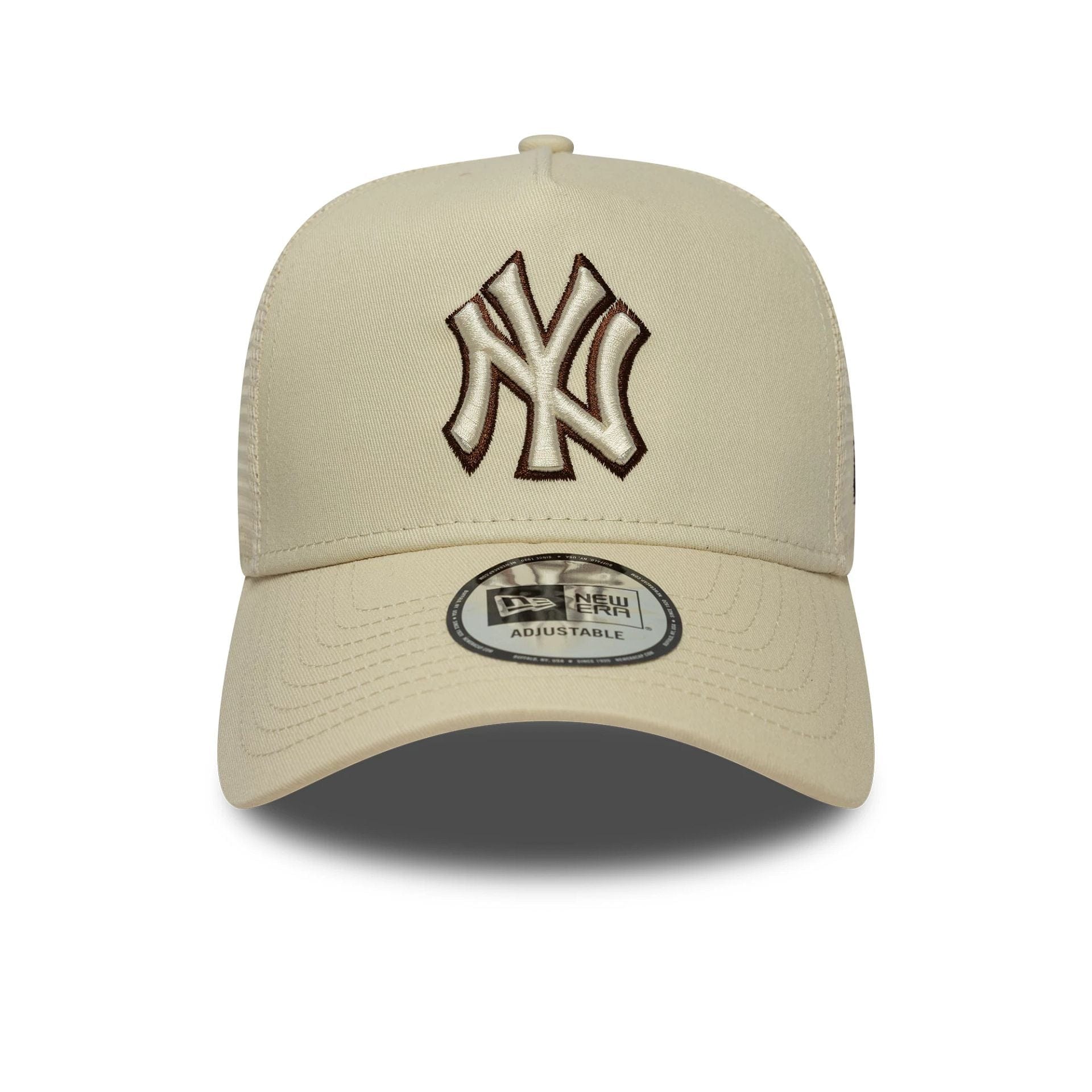 Pictured is this MLB Outline New York Yankees 9FORTY E-Frame Trucker in Cream. 2