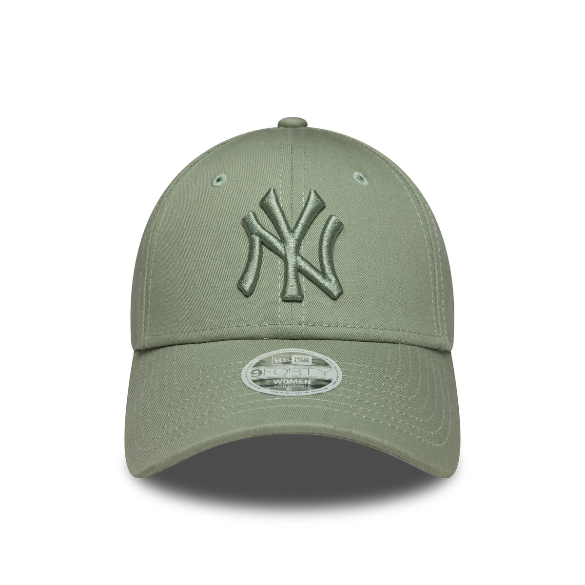 New York Yankees Womens MLB Pastel Green New Era 9FORTY Cap, front view showing the raised pastel green NY logo embroidered on the front panels, with a curved visor and a 9FORTY size sticker.