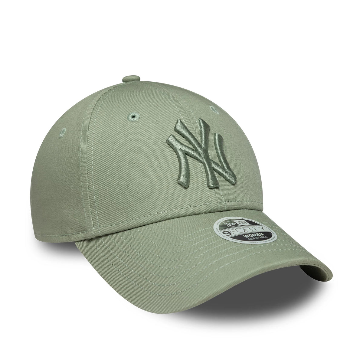 New York Yankees Womens MLB Pastel Green New Era 9FORTY Cap, three-quarter view showing the raised pastel green NY logo embroidered on the front panel with matching eyelets, a curved visor and the 9FORTY size sticker on the top.