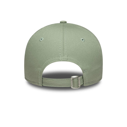 New York Yankees Womens MLB Pastel Green New Era 9FORTY Cap, rear view showing the curved shape of the pastel green crown, an adjustable strap with a buckle, and embroidered eyelets.