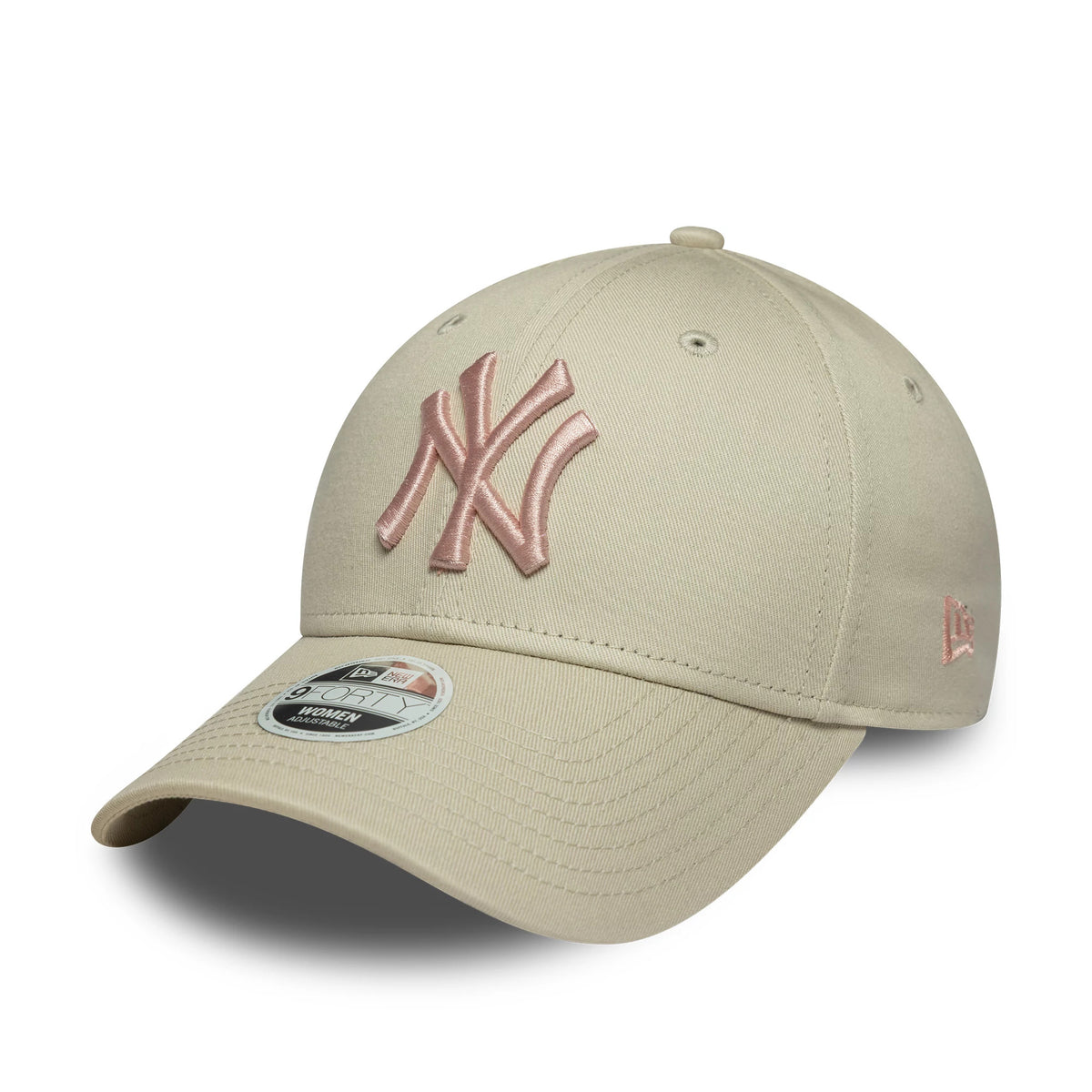 New York Yankees Womens MLB Light Beige New Era 9FORTY Cap, three-quarter view showing the pink raised embroidered NY logo on the front panel, curved visor with a 9FORTY size sticker, and New Era flag logo in pink on the left side.
