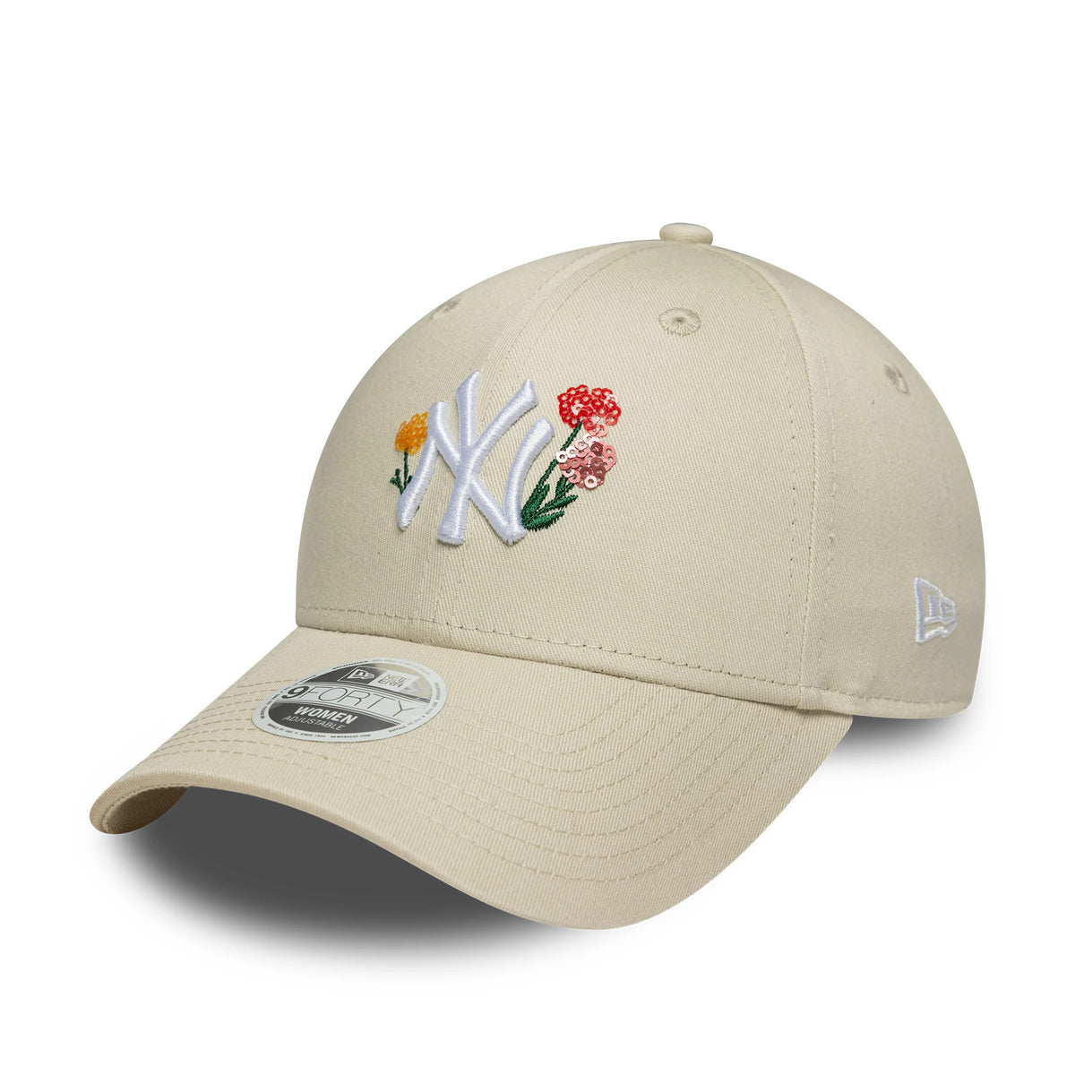 New York Yankees Womens MLB Floral Light Beige New Era 9FORTY Cap, three-quarter view showing the white embroidered NY logo with colourful floral accents on the front panel, a white New Era flag logo on the left side.