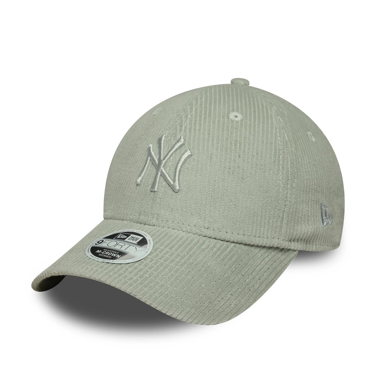 New York Yankees Womens MLB Pastel Cord Green New Era 9FORTY M-Crown Cap, three-quarter view showing the white raised NY logo on the front panel, curved green corduroy visor with 9FORTY size sticker, and embroidered New Era flag on the left side.