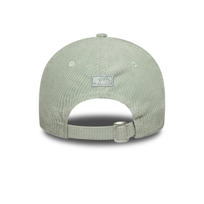 New York Yankees Womens MLB Pastel Cord Green New Era 9FORTY M-Crown Cap, rear view showing the grey embroidered MLB Batterman logo at the centre, adjustable strap with a buckle, and soft textured green corduroy fabric.