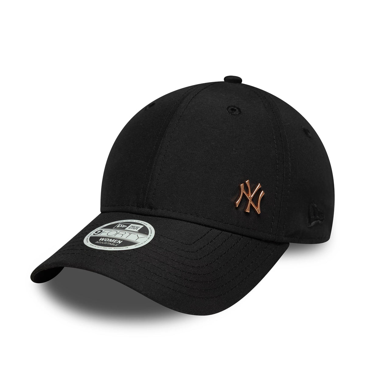 New York Yankees Womens MLB Flawless Black New Era 9FORTY Cap, three-quarter view showing a bronze NY logo on the front panel, curved black visor with a 9FORTY size sticker, and embroidered New Era flag logo on the left side.