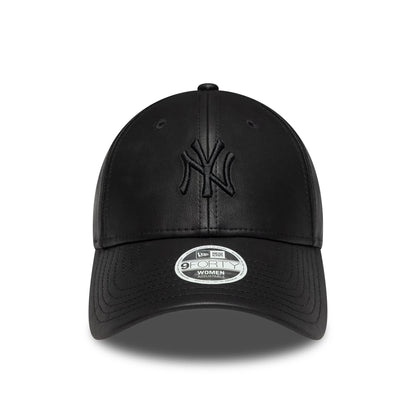 New York Yankees Womens MLB PU Black New Era 9FORTY Cap, front view showing the black raised embroidered NY logo on the structured crown with black PU material, and a 9FORTY size sticker on the curved black visor.