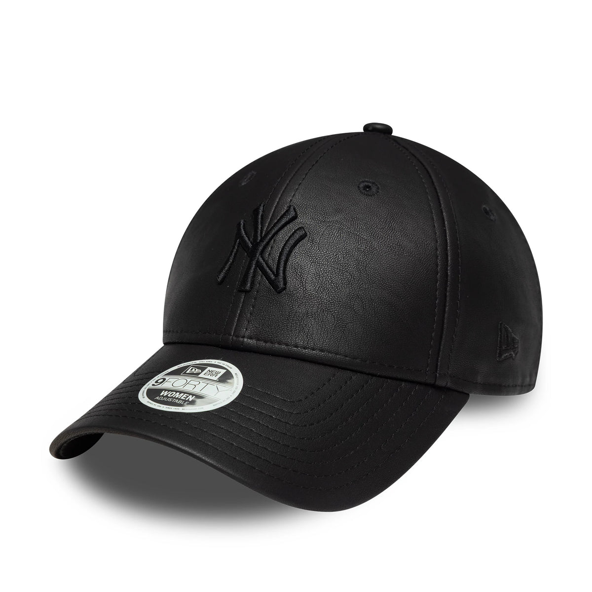 New York Yankees Womens MLB PU Black New Era 9FORTY Cap, three-quarter view showing the black embroidered NY logo on the front panel, a curved visor with a 9FORTY size sticker, and the New Era flag logo on the left side.