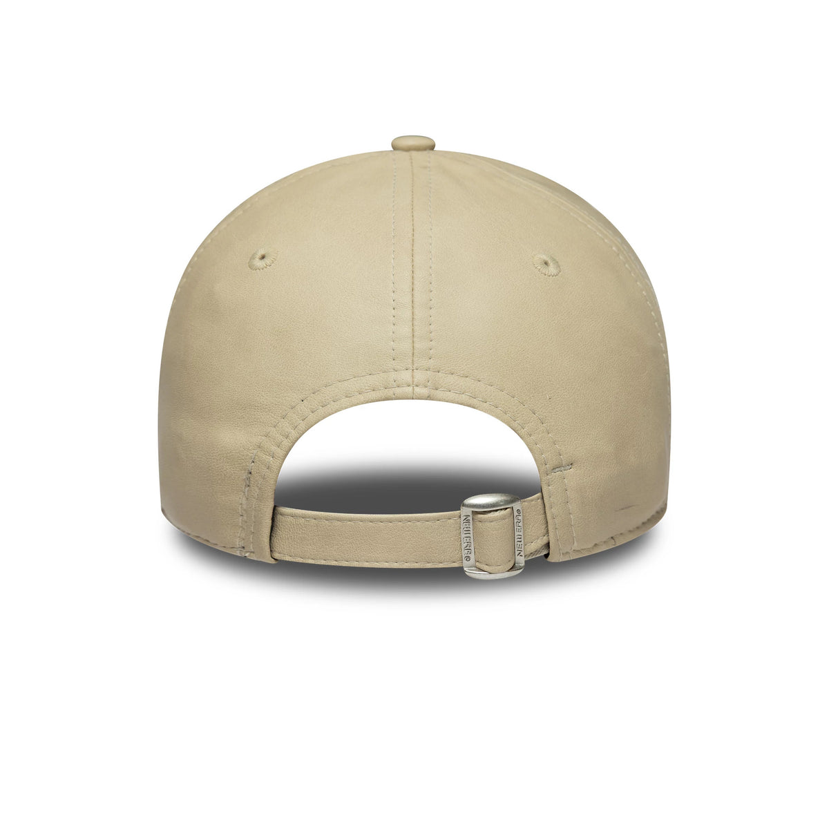New York Yankees Womens MLB PU Light Beige New Era 9FORTY Cap, rear view showing the beige adjustable strap with a buckle at the centre, below the curved PU crown with eyelets and stitching details.